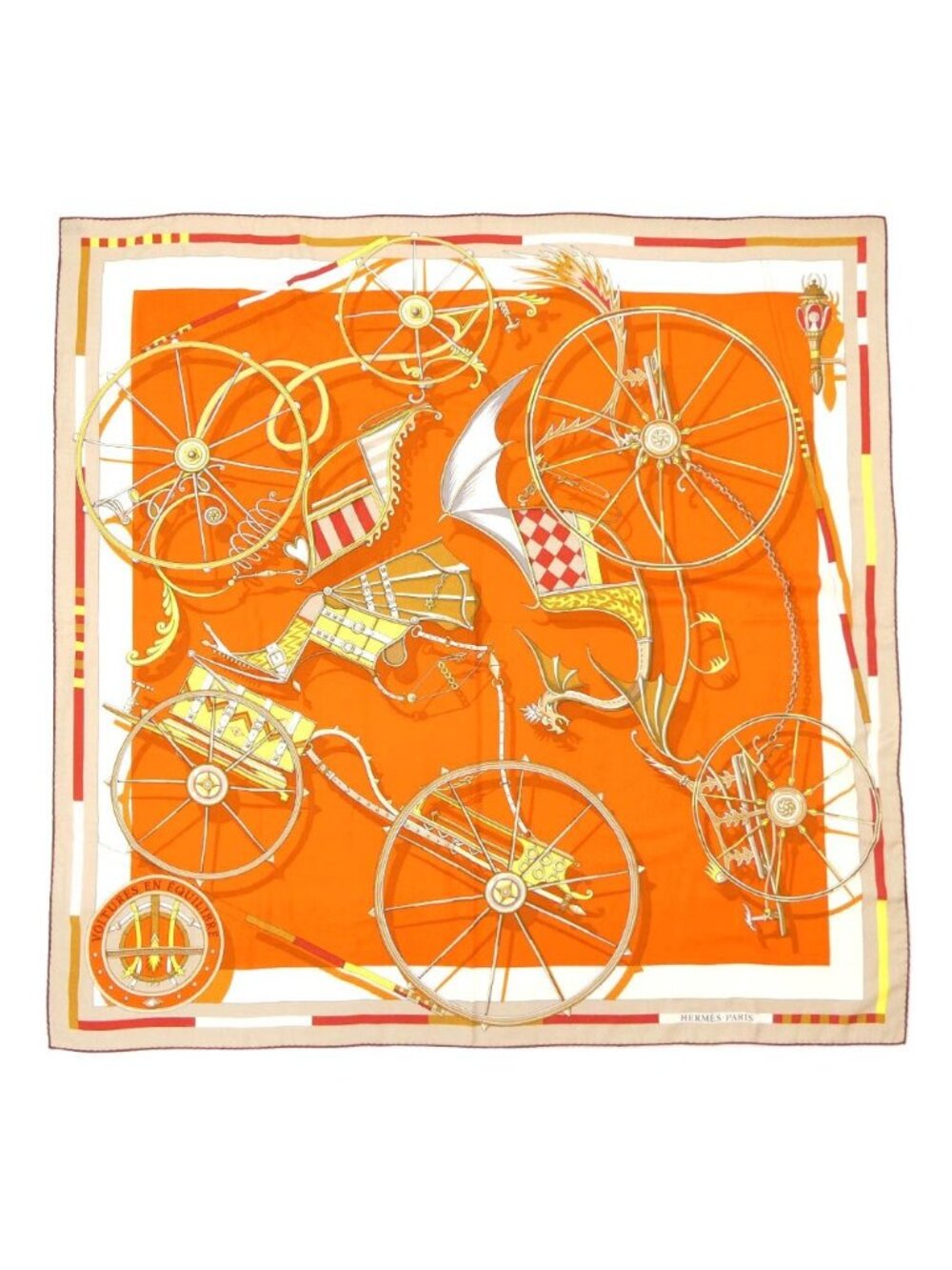 Hermes Carre Geant 140 Exquisite Carriage Cashmere Silk Blanc Orange Jaune